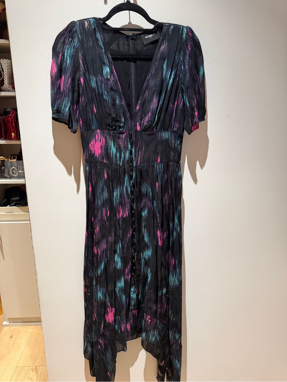 The Kooples Black Midi Dress with Pink & Teal Metallic Brushstroke Print